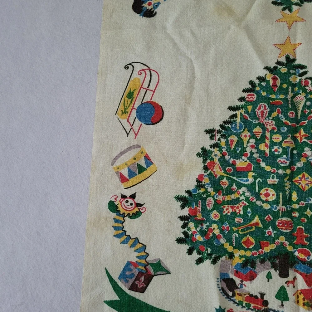 Vintage Hand Printed Linen Christmas Tea Towel Mid Century Retro Holiday Decor